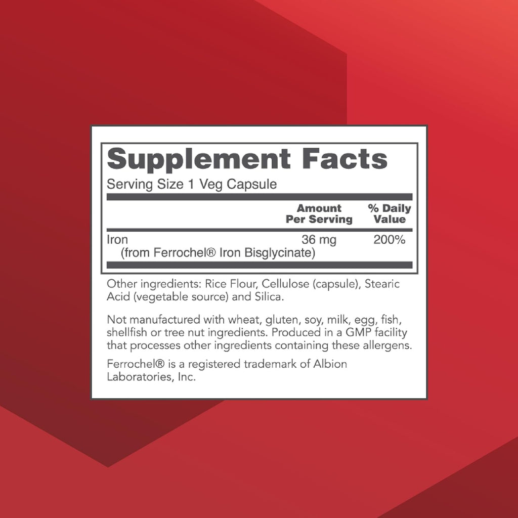 PROTOCOL FOR LIFE BALANCE Iron 36mg - Bioavailable Ferrochel Iron - for Energy & Immune Support - Iron Bisglycinate Support Mitochondria - Vegan, Halal & Kosher - 90 Veg Capsules