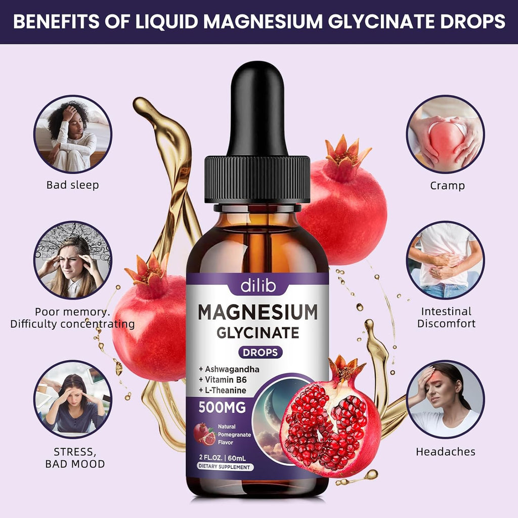Magnesium Glycinate Liquid Drops 500mg, with Vitamin B6, Ashwagandha, L - Theanine, Chamomile, Magnesium Glycinate Supplement High Absorption for Sleep, Stress, Energy, Mood - Pomegranate Flavor