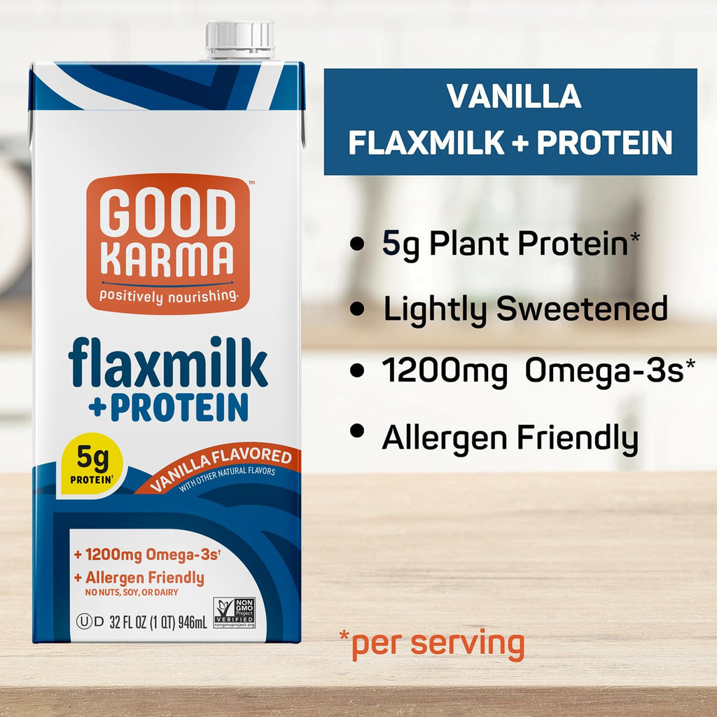 Good Karma Vanilla Flaxmilk +Protein, 32 Ounce (Pack of 6), 5g Plant Protein + 1200mg Omega-3 Per Serving, Plant-Based Non-Dairy Milk Alternative, Lactose Free, Nut Free, Vegan, Shelf Stable