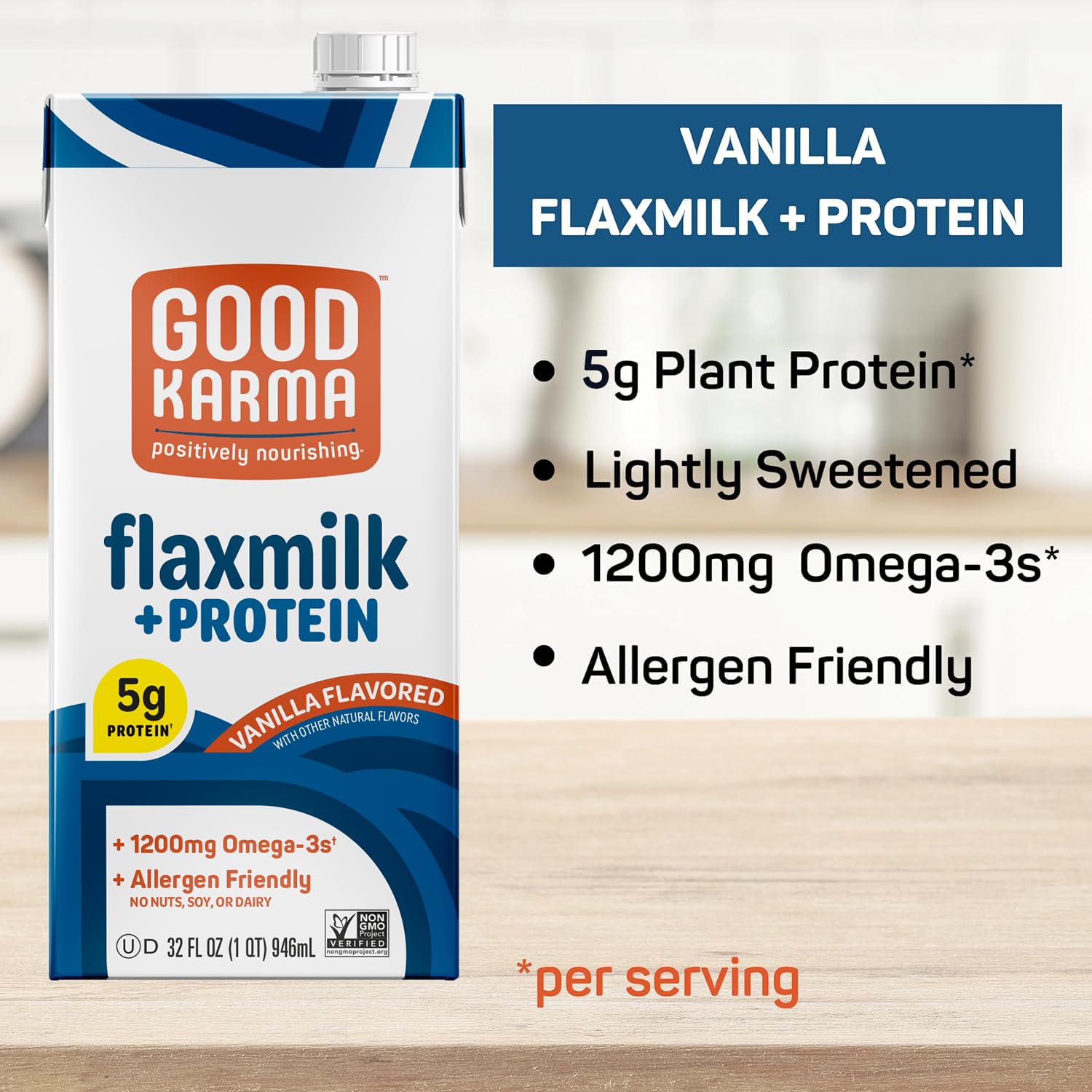 Good Karma Vanilla Flaxmilk +Protein, 32 Ounce (Pack of 6), 5g Plant Protein + 1200mg Omega-3 Per Serving, Plant-Based Non-Dairy Milk Alternative, Lactose Free, Nut Free, Vegan, Shelf Stable