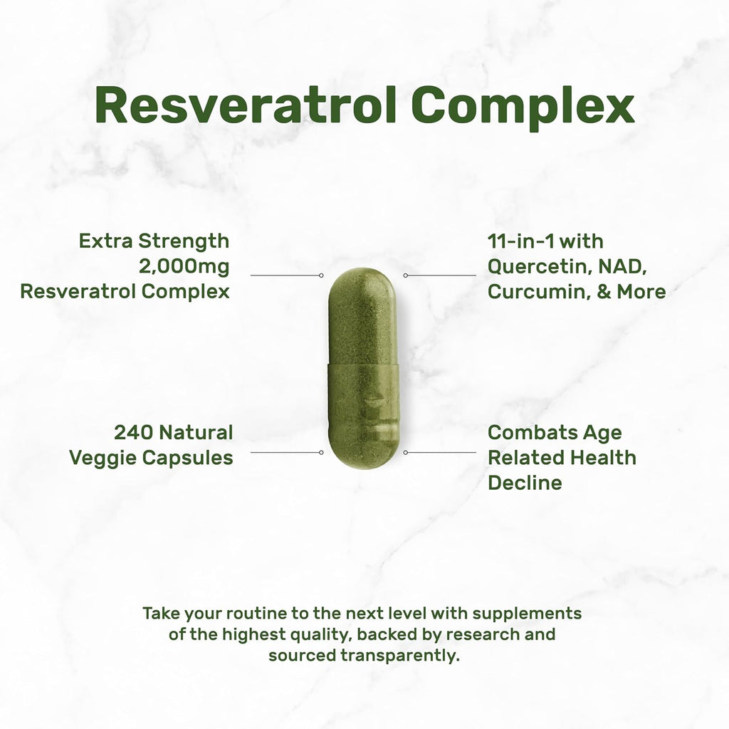 Resveratrol Complex 2,000mg, 240 Veggie Capsules – Extra Strength Trans-Resveratrol with NAD, Quercetin, Curcumin, Grape Seed & More – Healthy Aging Antioxidant for Energy & Brain Support