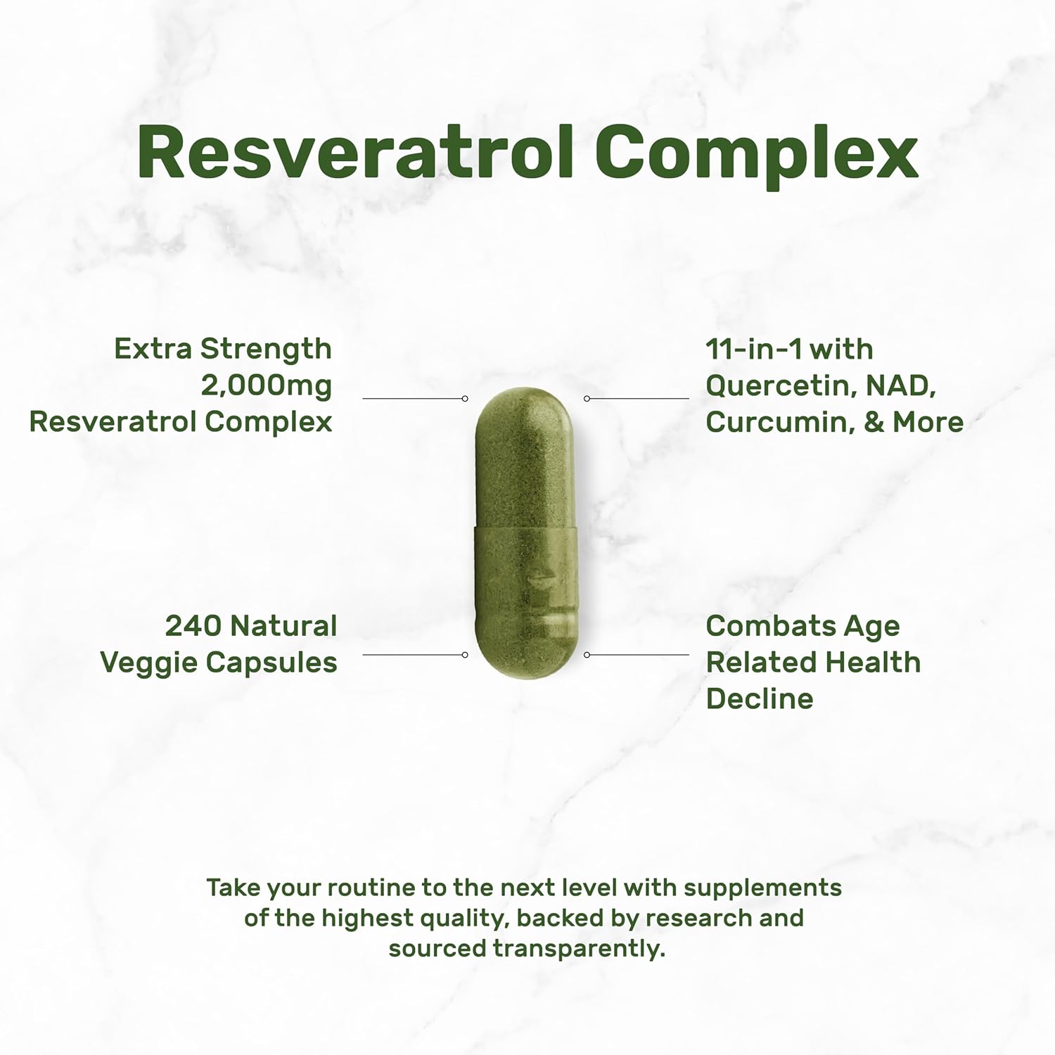 Resveratrol Complex 2,000mg, 240 Veggie Capsules – Extra Strength Trans-Resveratrol with NAD, Quercetin, Curcumin, Grape Seed & More – Healthy Aging Antioxidant for Energy & Brain Support