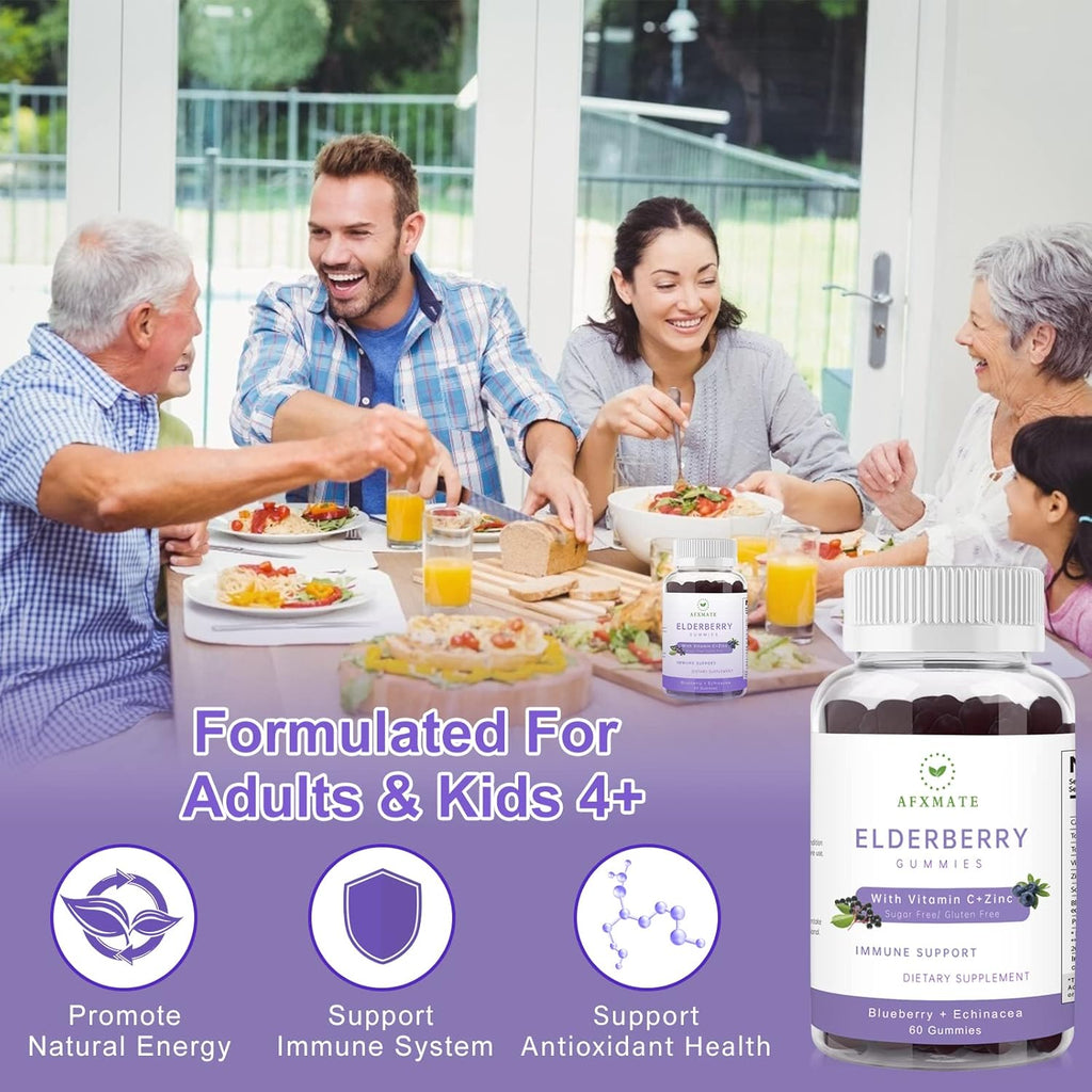 Sambucus Elderberry Gummies, Black Elderberry Gummy with Zinc and Vitamin C for Adults, Sugar Free Kids Multivitamin Gummies Immune Support* Supplement (2 Pack)