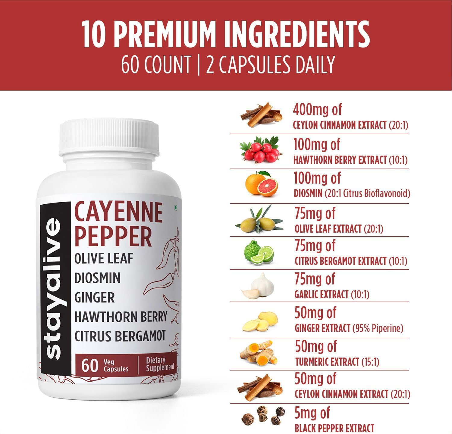 STAY ALIVE Cayenne Pepper Capsules w/Ginger, Garlic, Turmeric, Hawthorn, Diosmin, Citrus, Ceylon Cinnamon and Olive Leaf Extract, 10-in-1 Blend, 60 Pills, Non-GMO & Gluten-Free Supplement