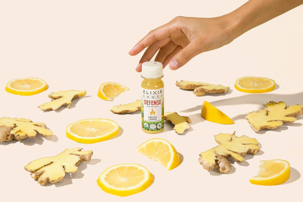 Elixir Shots, Ginger Lemon Wellness Shot with 100% Cold-Pressed Organic Ingredients, No Added Sugars or Artificial Ingredients, Defense Supershot, 12-Pack