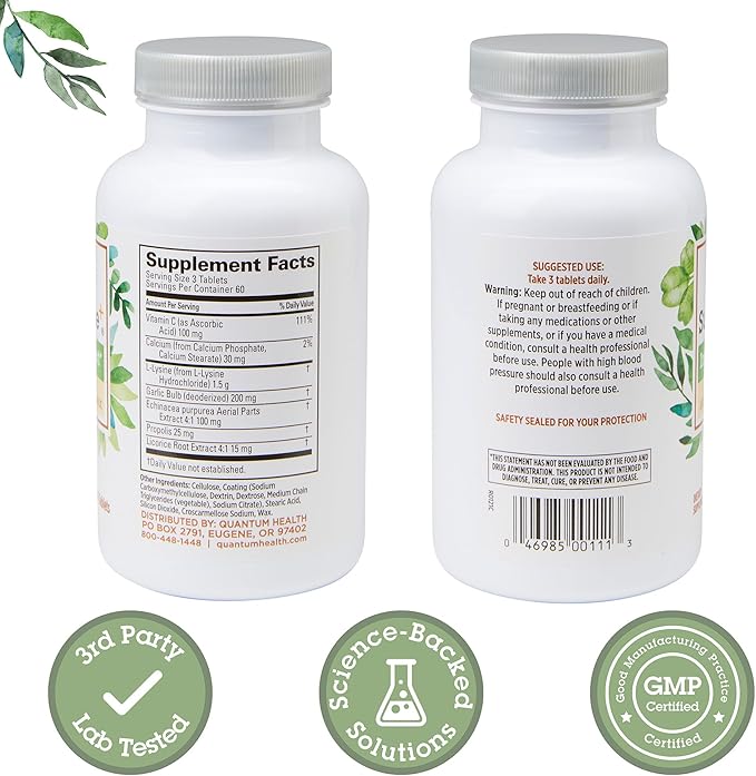 Quantum Health SuperLysine+ Advanced Formula Immune Support Supplement Lysine 1500 mg, Vitamin C Echinacea Licorice Bee Propolis & Odorless Garlic Daily Wellness Blend for Women & Men - 180 Tablets