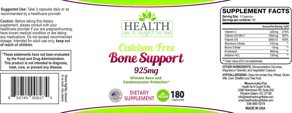 Health As It Ought To Be Calcium Free Bone Support Supplement | Ultimate Bone and Cardiovascular Protection | 180 Capsules
