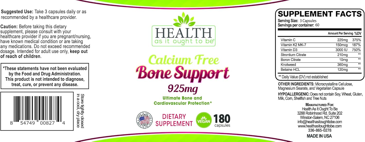 Health As It Ought To Be Calcium Free Bone Support Supplement | Ultimate Bone and Cardiovascular Protection | 180 Capsules