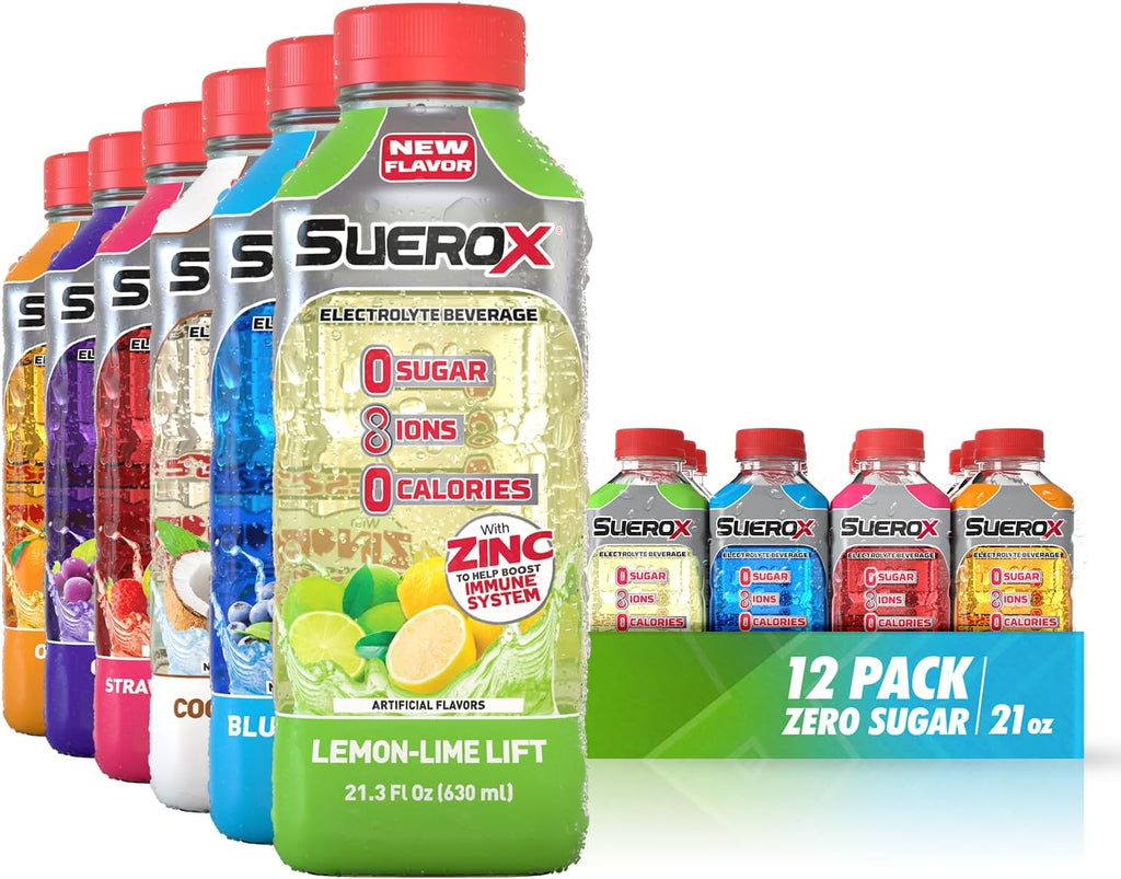 SueroX Zero Sugar Electrolyte Drink for Hydration and Recovery, Unique Blend of Electrolytes & 8 Ions, Zero Calorie Sports Drink, 21.3 Fl Oz, Party Pack, 12 Count