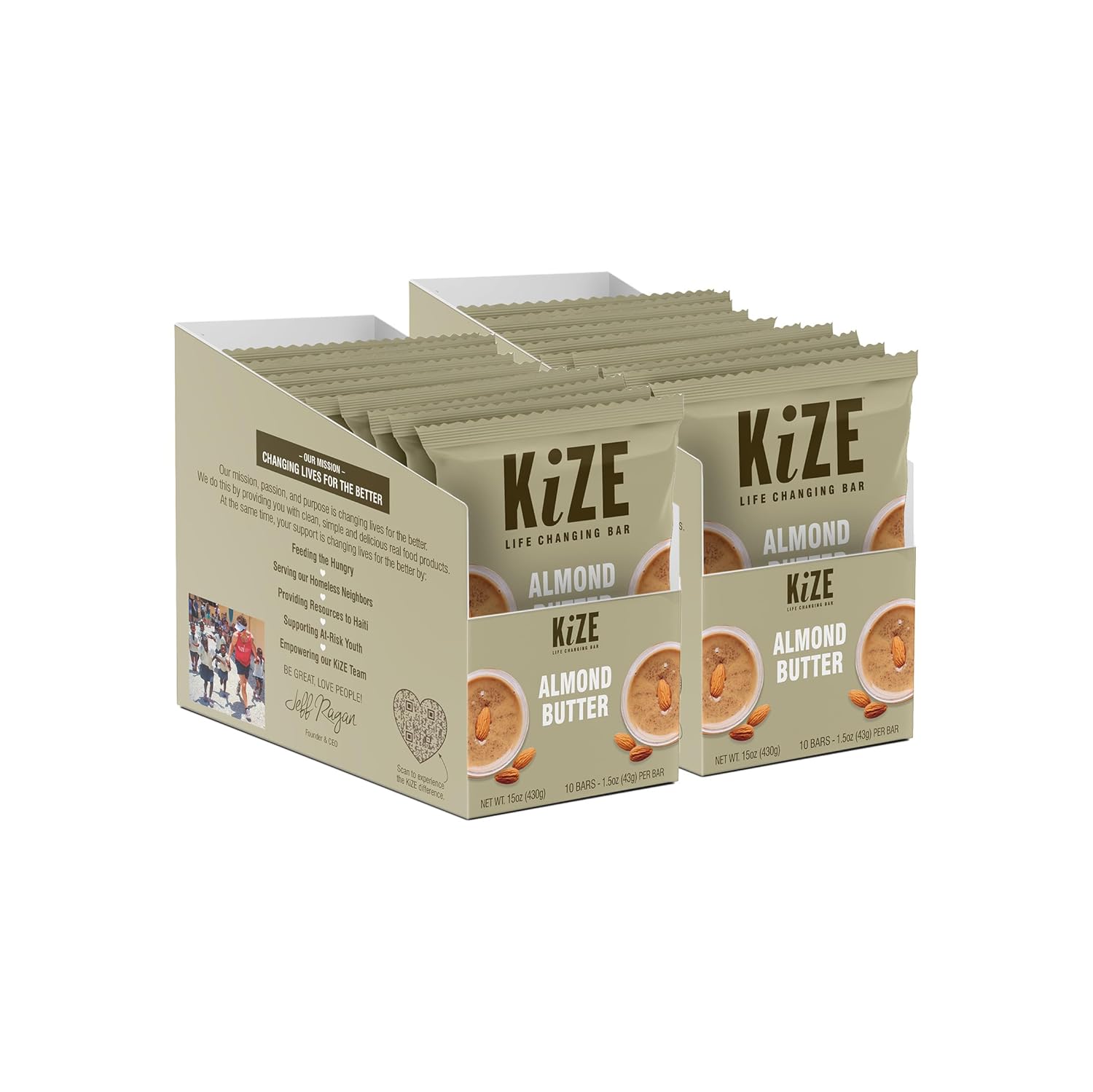 KiZE Energy Bars - Almond Butter - 20 Count - Almond-Butter-Based, Gluten Free, Non-GMO, and High Protein Meal Replacement Energy Bars, Clean and Simple Food Ingredients - 10g High Protein Snacks (20 Count)