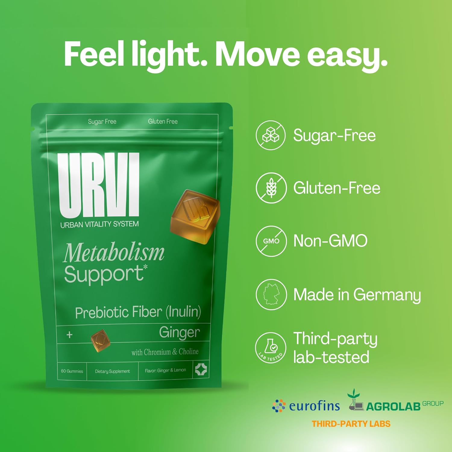URVI® Metabolism Gummies – Inulin Prebiotic Fiber + Ginger Extract with Chromium & Choline (Minerals) – Gut Health & Digestive Support – Sugar-Free, Gluten-Free – Ginger-Lemon Flavor, 60 Count