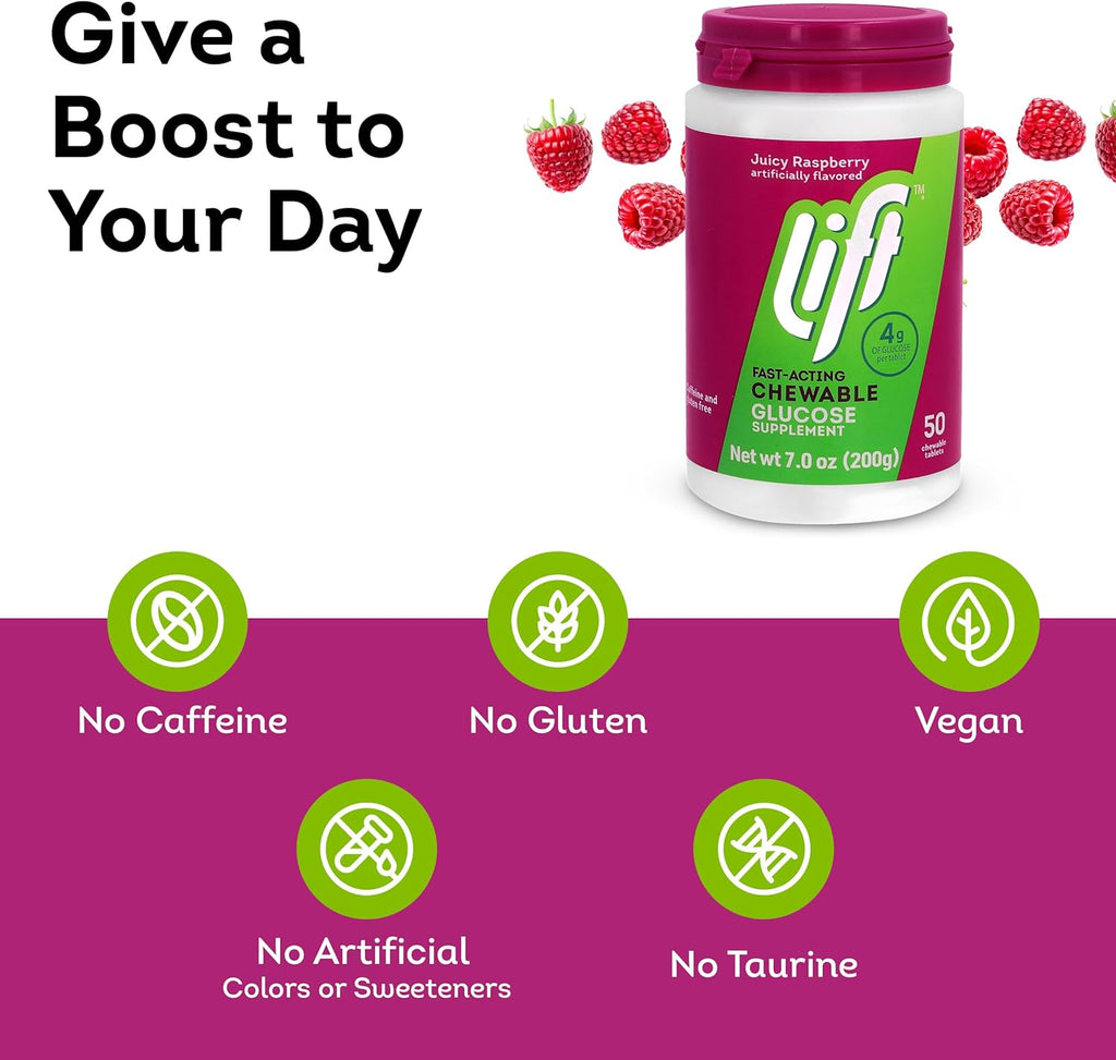 Lift Glucose | Fast-Acting Glucose Chewable Energy Tablets | Raspberry | 50 ct Jar (Pack of 6)