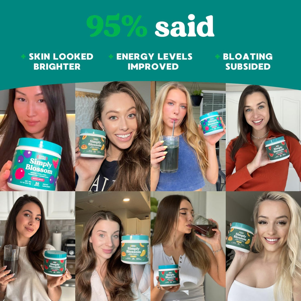 Simply Blossom Nutrition Daily Greens & Superfood Powder + Collagen + Probiotics for Women's Digestive Health & Bloating Relief. Help Your Health Bloom - 3 Month Supply- Peach Rings