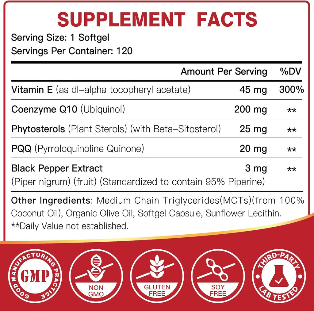 DRFOSTER Coq10 Ubiquinol 200mg, Coq10 200mg softgels, Max Absorption Ubiquinol with Vitamin E & PQQ & Black Pepper, Powerful Antioxidant, 120 Softgels