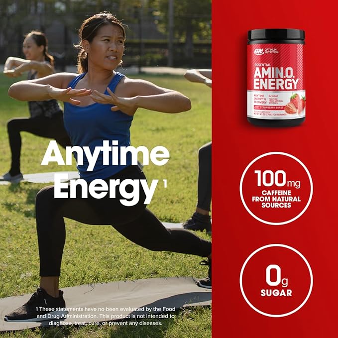 Optimum Nutrition Amino Energy Powder – Energy & Focus Pre Workout with Amino Acids, BCAA, Green Tea Caffeine & Coffee, Muscle Recovery Support – Juicy Strawberry, 30 Servings (Packaging May Vary)