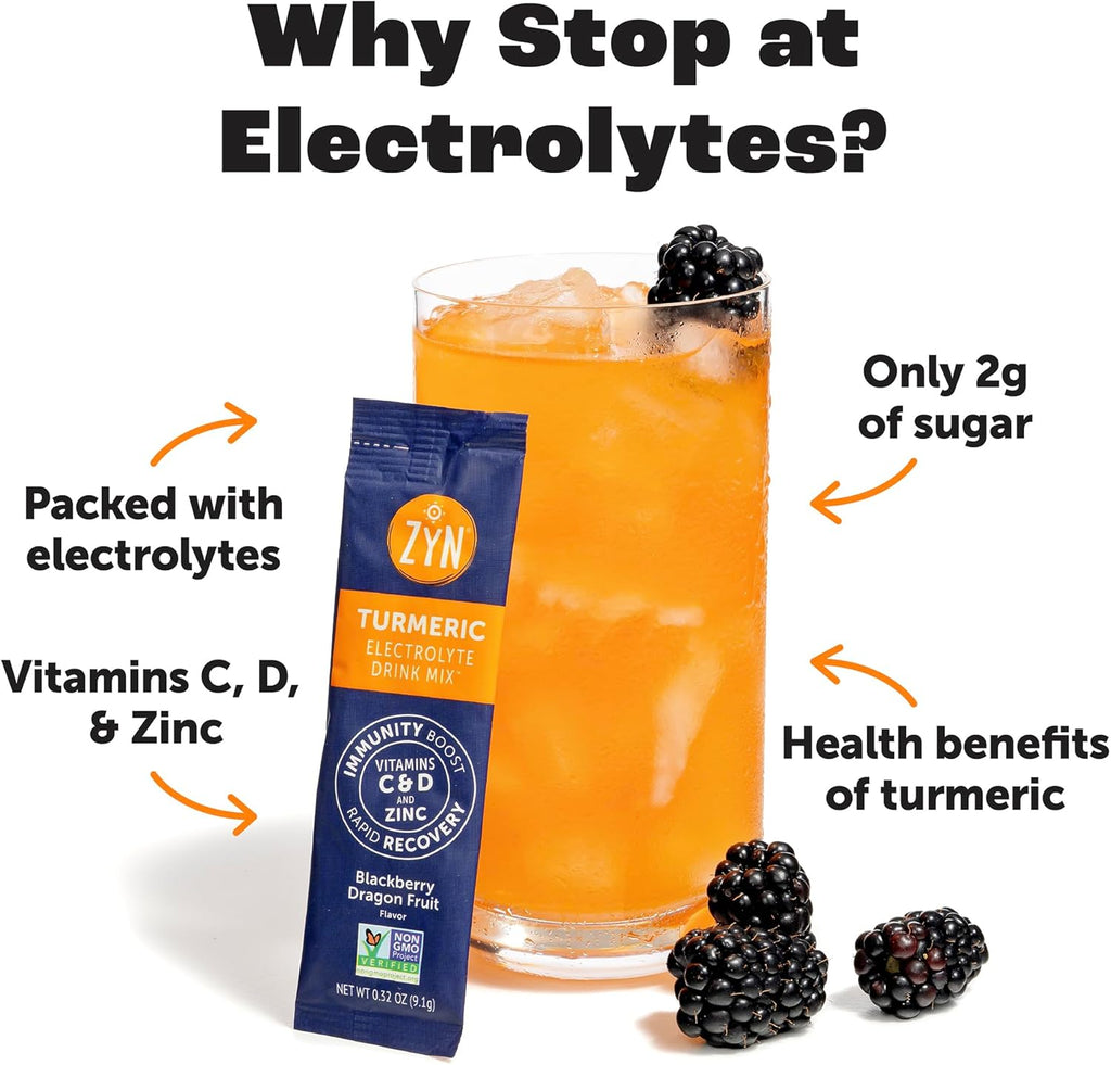 ZYN Electrolyte Drink Mix Hydration Packets, Electrolytes Powder, Hydration Packets w/Turmeric Curcumin, Vitamin C and D, Zinc, Hydrate Electrolyte Powder Packets for Wellness, Variety Pack of 24
