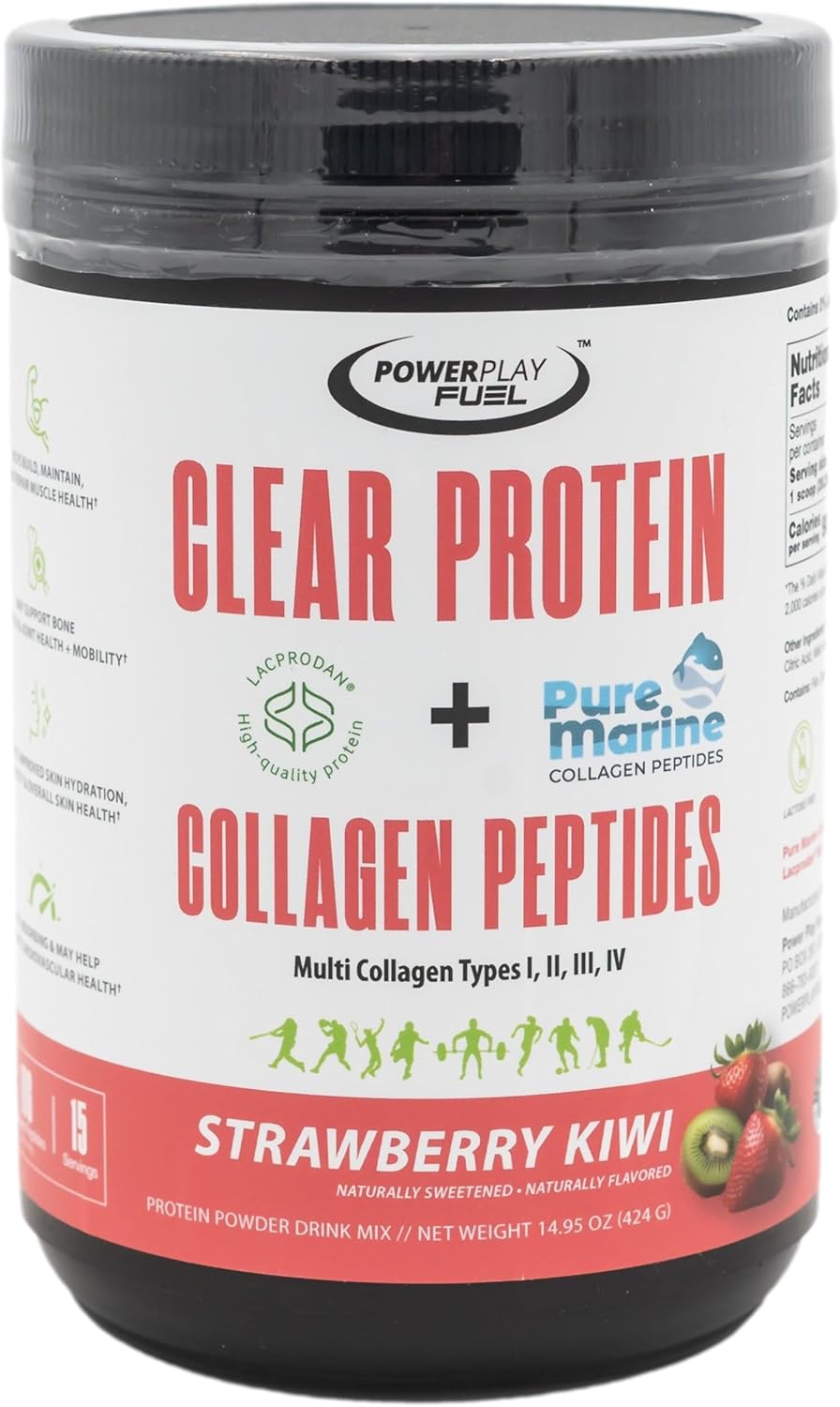Clear Protein & Collagen Peptides Protein Powder Drink Mix - Naturally Sweetened & Flavored, Gluten Free, Lactose Free - Protein + Marine Collagen - 15 Servings (Strawberry Kiwi)