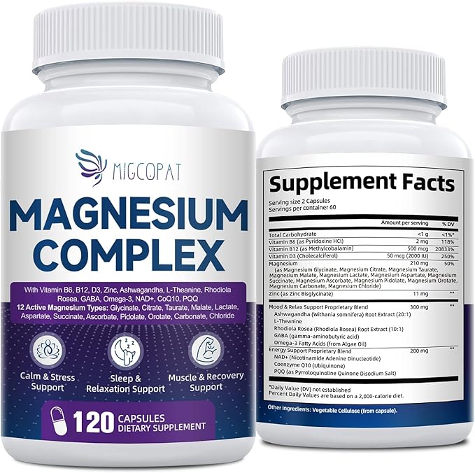 Magnesium Complex w/Magnesium Glycinate, Malate, Citrate | 24-in-1 Magnesium Supplement w/Ashwagandha, L-Theanine & NAD+ | Supports Calm, Energy, Muscle & Sleep | Non-GMO, 120 Vegan Caps