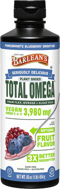 Barlean's Liquid Flaxseed, Borage and Algae Oils Omega 3 Supplement, Pomegranate Blueberry Flavor, Vegan EPA and DHA, Flax and Borage Seed Oil with 3,980 mg of Omega-3-6-9, 16 oz