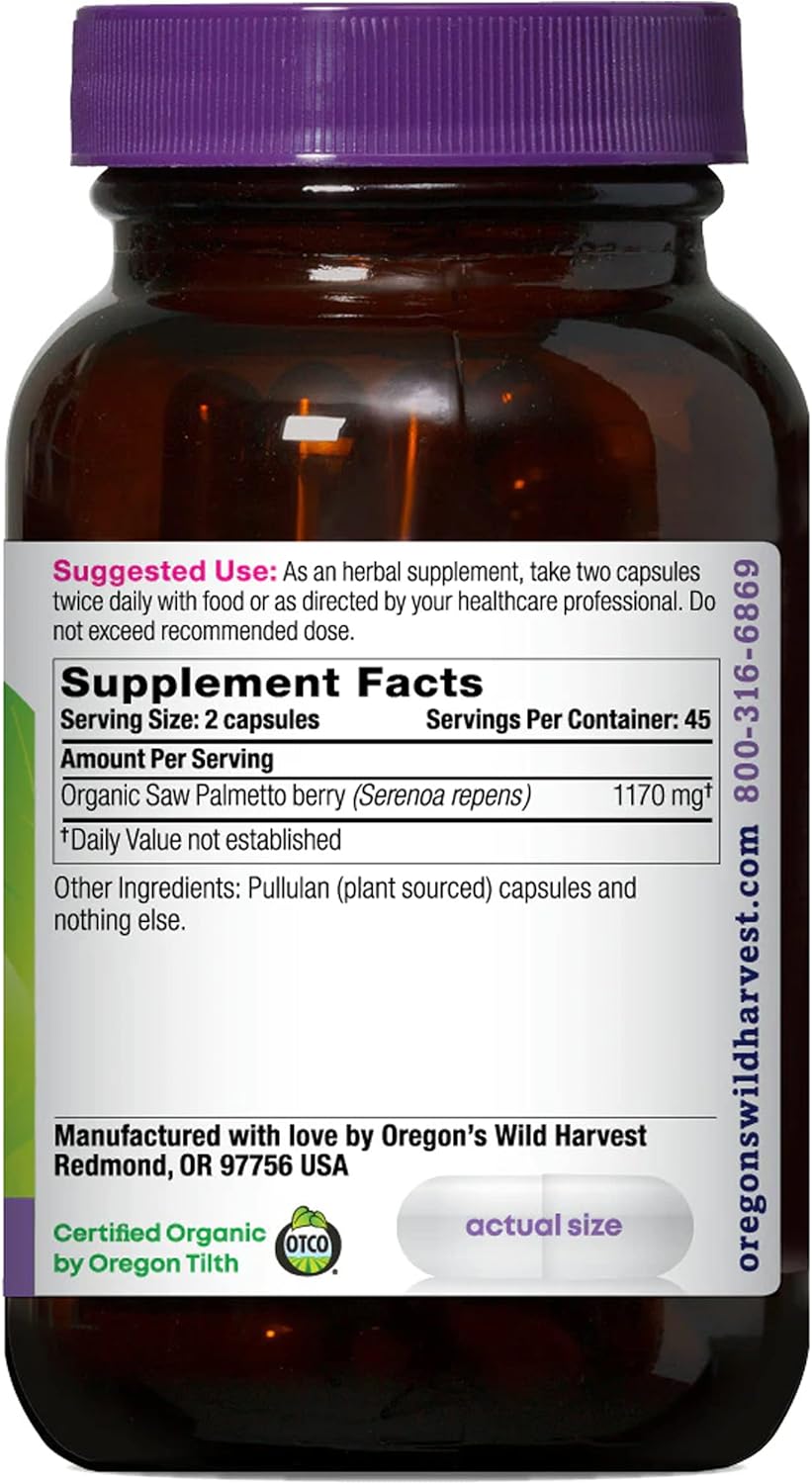 Oregon's Wild Harvest Saw Palmetto Organic Capsules, 90 Count Vegetarian Capsules, 1170mg