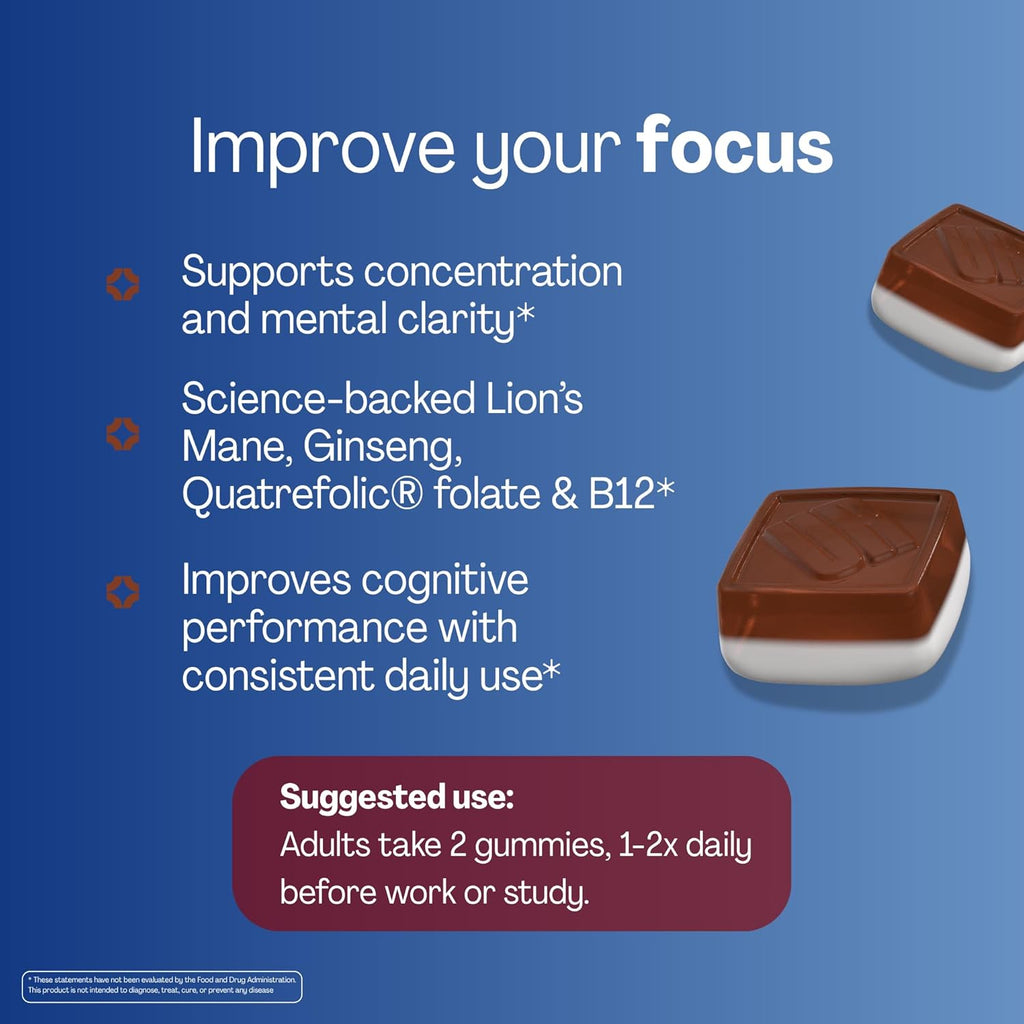 URVI® Focus Gummies – Lion's Mane Mushroom, Ginseng, Folate (Quatrefolic®), Vitamin B12 & Iodine – Nootropic Brain Supplement Boosts Memory, Focus & Energy – Sugar-Free – Cola Flavor – 60 Gummies