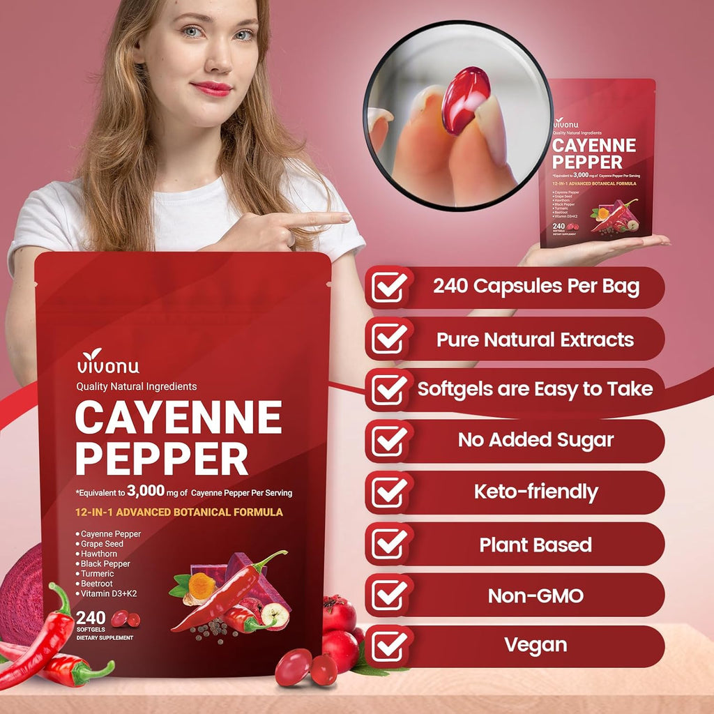 VivoNu Cayenne Pepper Softgels Supplement, Supports Leg Vein, Heart and Blood Vessel Health, with Vitamin E D3+K2 and Extracts of Grape Seed, Hawthorn, Beetroot, Berberine and Others