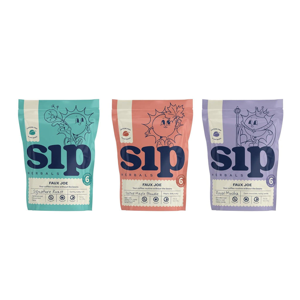 Sip Herbals Caffeine-Free Dandelion Root Tea - Loose Leaf Coffee Alternative with Chicory & Carob - Organic Herbal Coffee Substitute - Favorites Sample Bundle with 3 different Flavors - 18 Servings