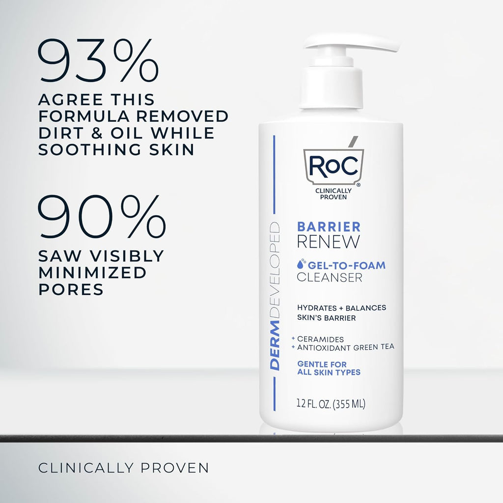 RoC Barrier Renew Gel to Foam Non Drying Foaming Facial Cleanser to Hydrate Skin, facial cleanser for sensitive skin, 12 Ounces