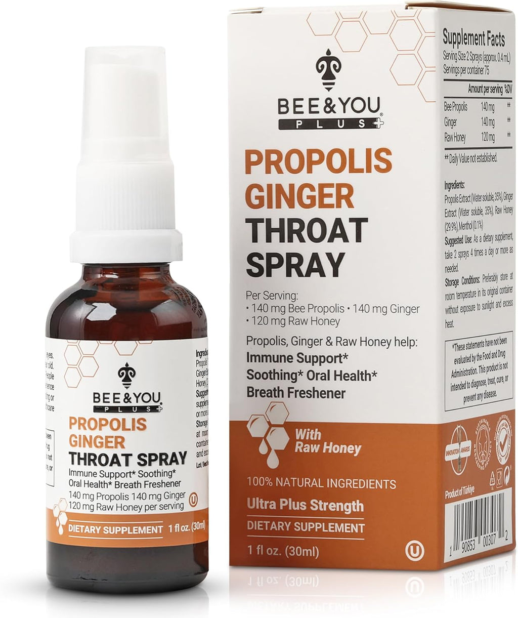 Bee and You Propolis Ginger Raw Honey Soothing Throat Spray, Ultra Pure, Immune Support Supplement, Oral Health, Antioxidants, Keto, Paleo, Gluten-Free, 1 Fl Oz