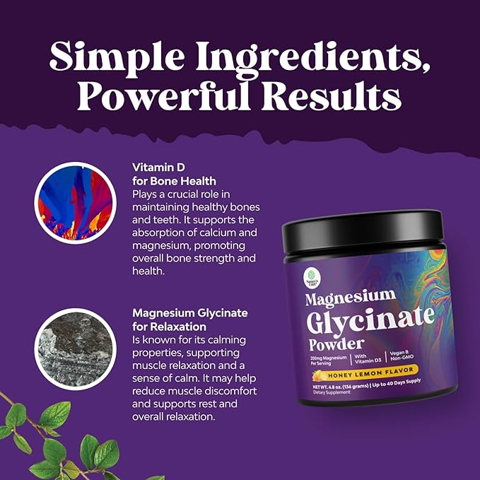 High Absorption Magnesium Glycinate Powder - Vegan Magnesium Powder for Sleep Relaxation & Regularity - Drink Mix Non-GMO Gluten Free & No Artificial Flavors (Honey Lemon) 80 Servings
