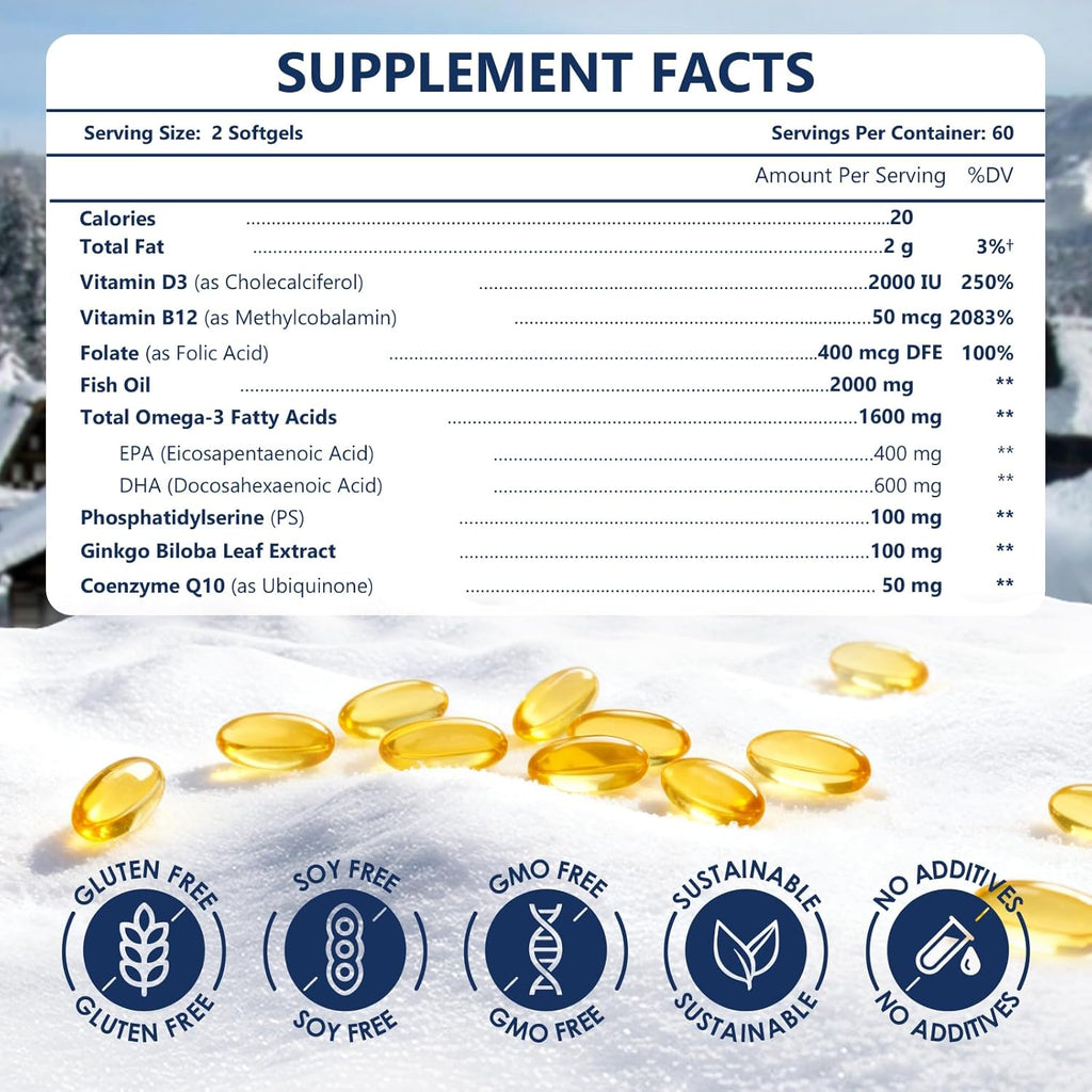 NATURE TARGET Omega 3 Fish Oil 1600mg, High-Purity Omega 3 EPA DHA with PS & CoQ10, Fish Oil Supplements for Heart Health, Brain Function & Memory, Advanced Absorption, Non-GMO, 120 Softgels.