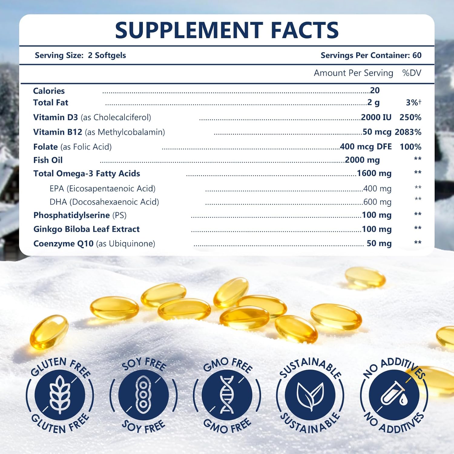 NATURE TARGET Omega 3 Fish Oil 1600mg, High-Purity Omega 3 EPA DHA with PS & CoQ10, Fish Oil Supplements for Heart Health, Brain Function & Memory, Advanced Absorption, Non-GMO, 120 Softgels.