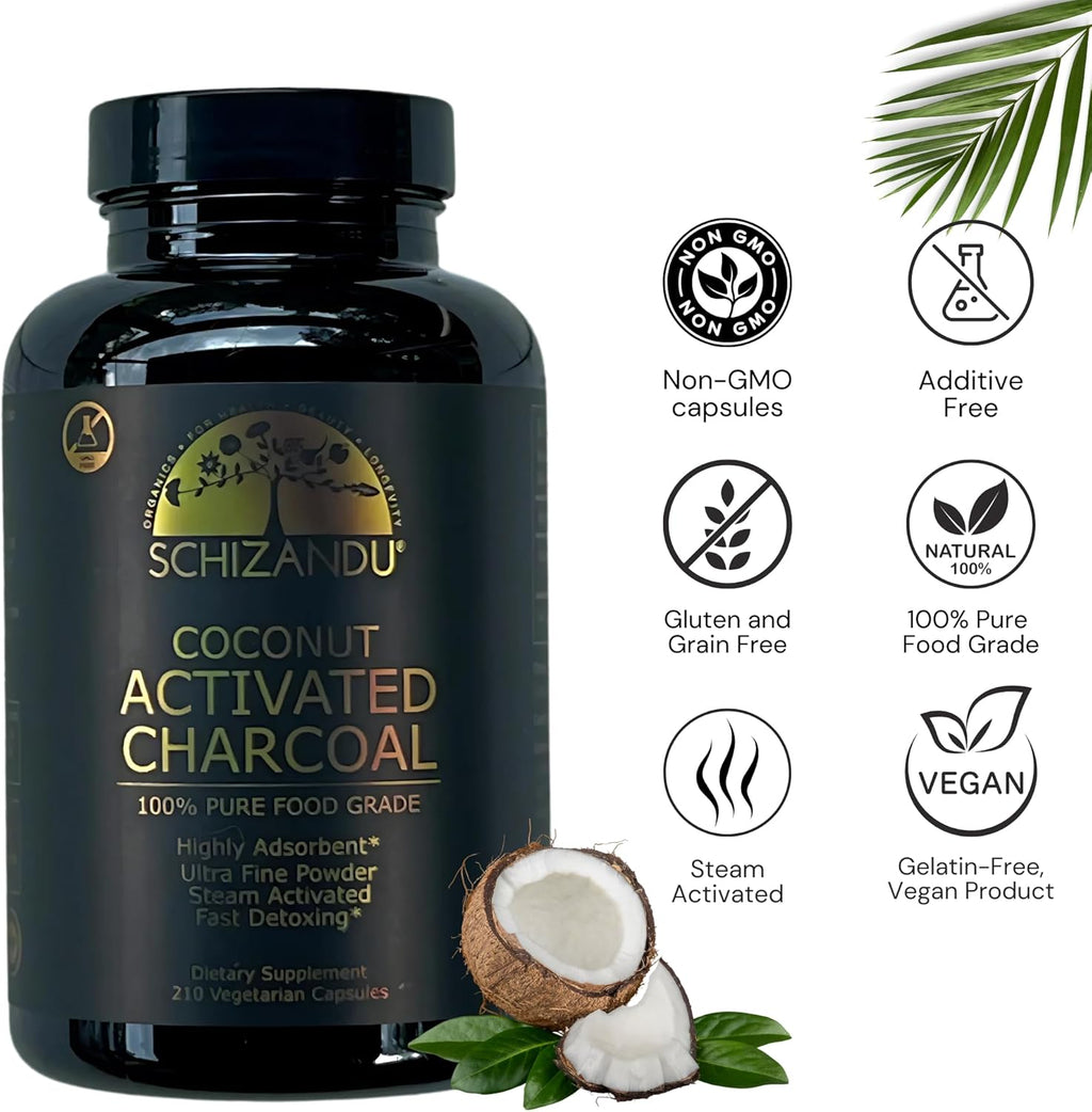 Activated Coconut Charcoal Capsules- Supports Health - Vegan, Organic, Non-GMO, No Additives - X-Large Bottle 210 Count - Pack of 2