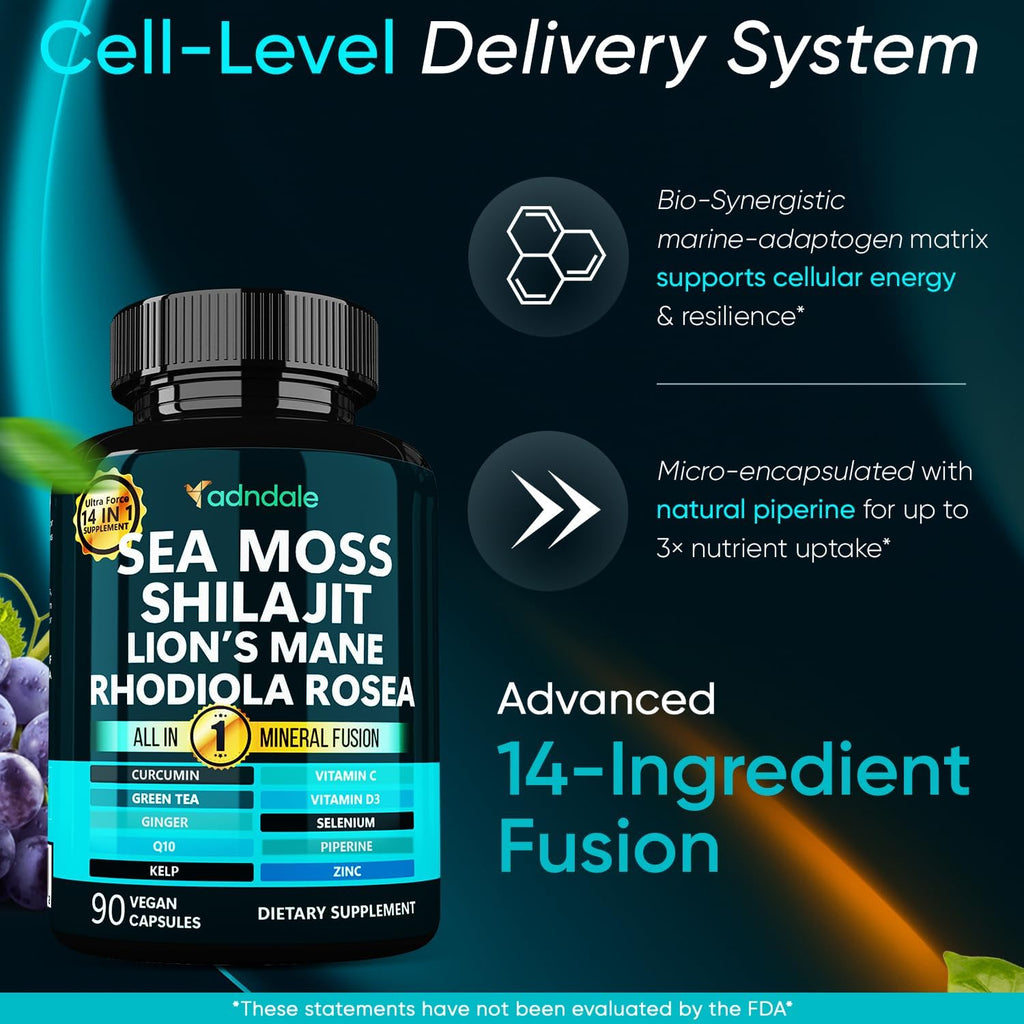 Adndale True Sea Moss Capsules. Shilajit for Men and Women Supplement with Lion's Mane, Rhodiola Rosea, CoQ10-90 Count