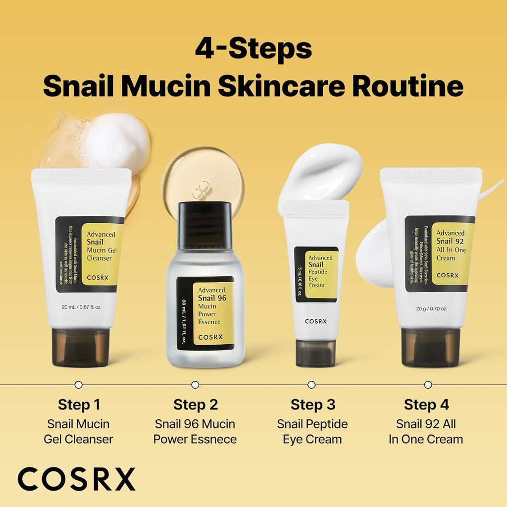 COSRX All About Snail Mucin Korean Skin Care Set, Mini Travel Essentials, Travel Size Gift Set with Snail Mucin Face Wash, Serum, Moisturizer & Eye Cream, Rejuvenating Kit, Stocking Stuffers