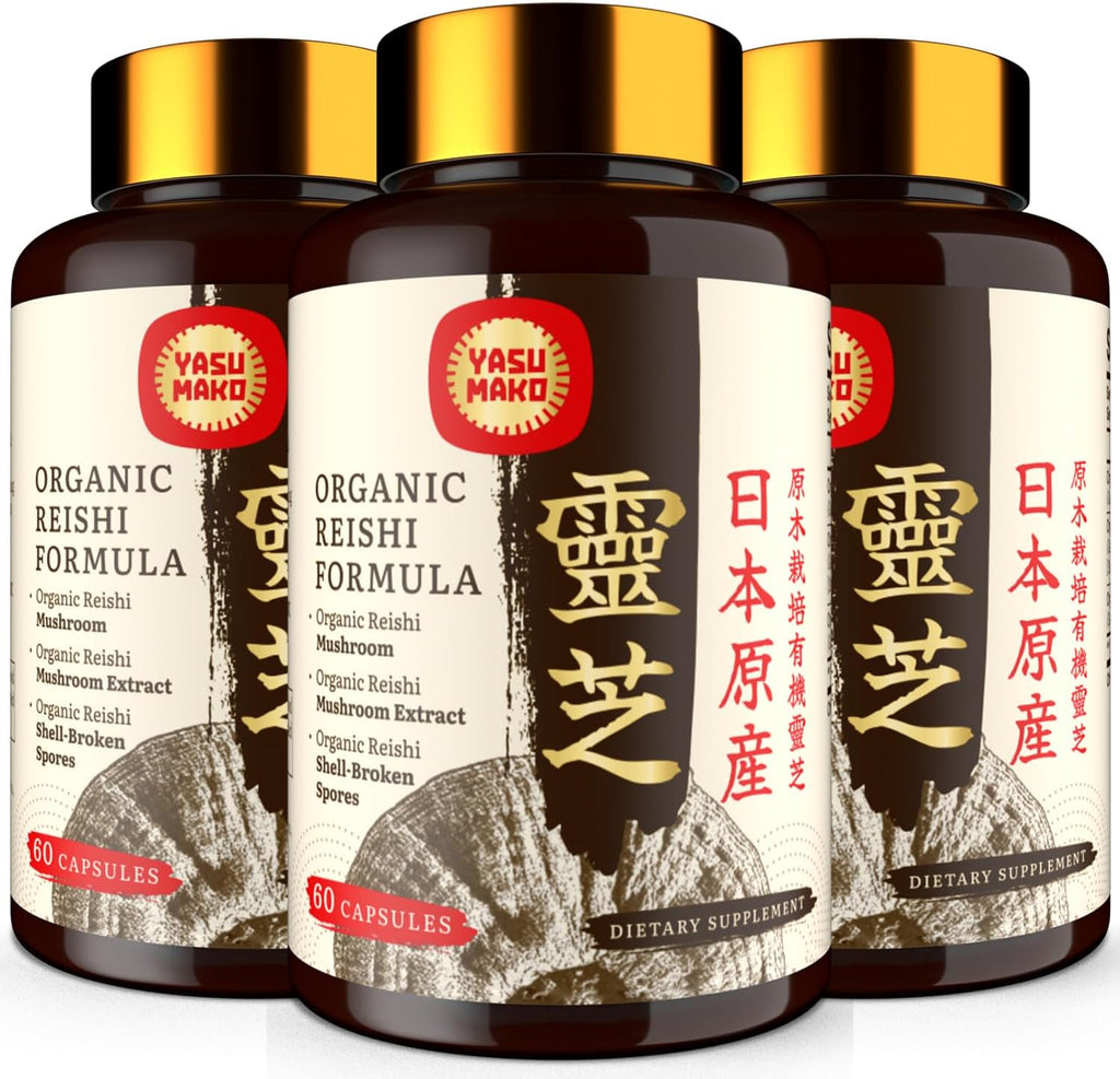 Japanese Reishi Mushroom Supplement 800mg with Reishi Mushroom Extract 500mg & Shell-Broken Spores 200mg,Organic Mushroom Capsules for Immune System - Real Fruiting Body (Pack of 3)