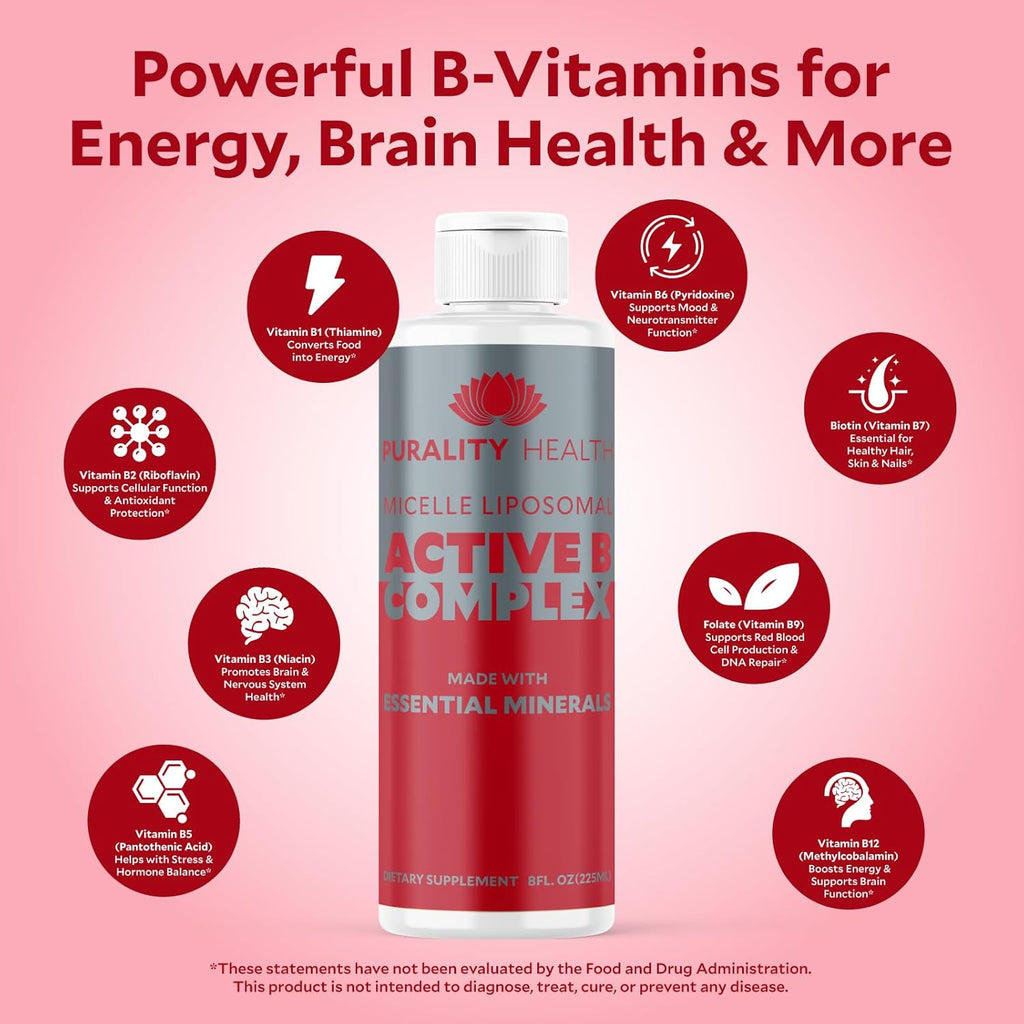 Vitamin B Complex Liquid Supplement, Purality Health, Liposomal Enhanced Absorption, B1, B2, B3, B5, B6, B12 & Biotin + Essential Minerals, 15 Day Supply