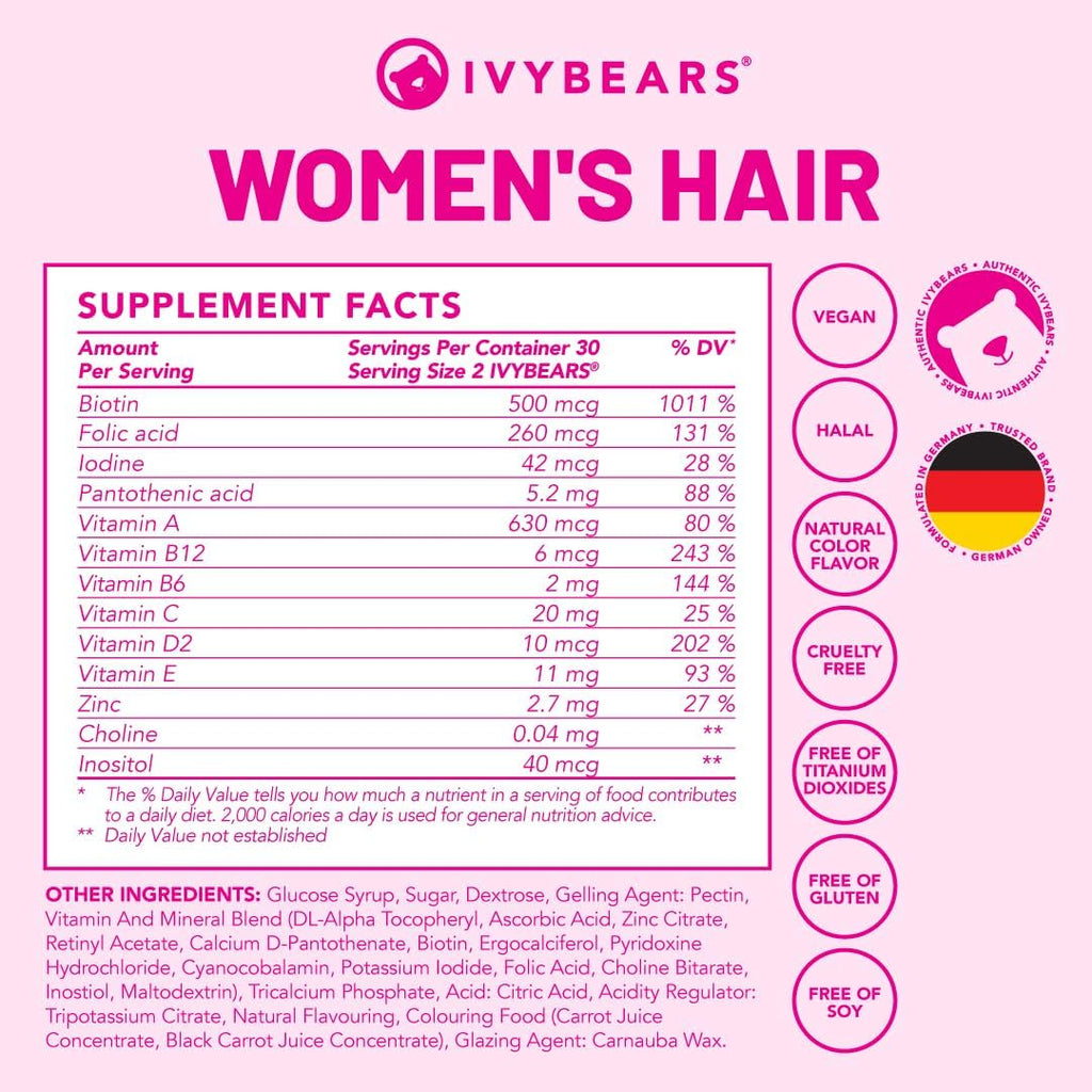 Women’s Hair Vitamin Gummies with Complex Biotin, Collagen, Folic Acid, Vitamin B7, and Keratin for Hair, Skin & Nails - Vegan Hair Growth & 100% Vitamin Boost - 60 Count, 1 Month Supply
