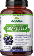 Zazzee High Strength Grape Seed 50:1 Extract, 180 Vegan Capsules, 95% Polyphenols, 400 mg per Capsule, 6 Month Supply, Standardized and Concentrated 50X Extract, Non-GMO, Made in The USA