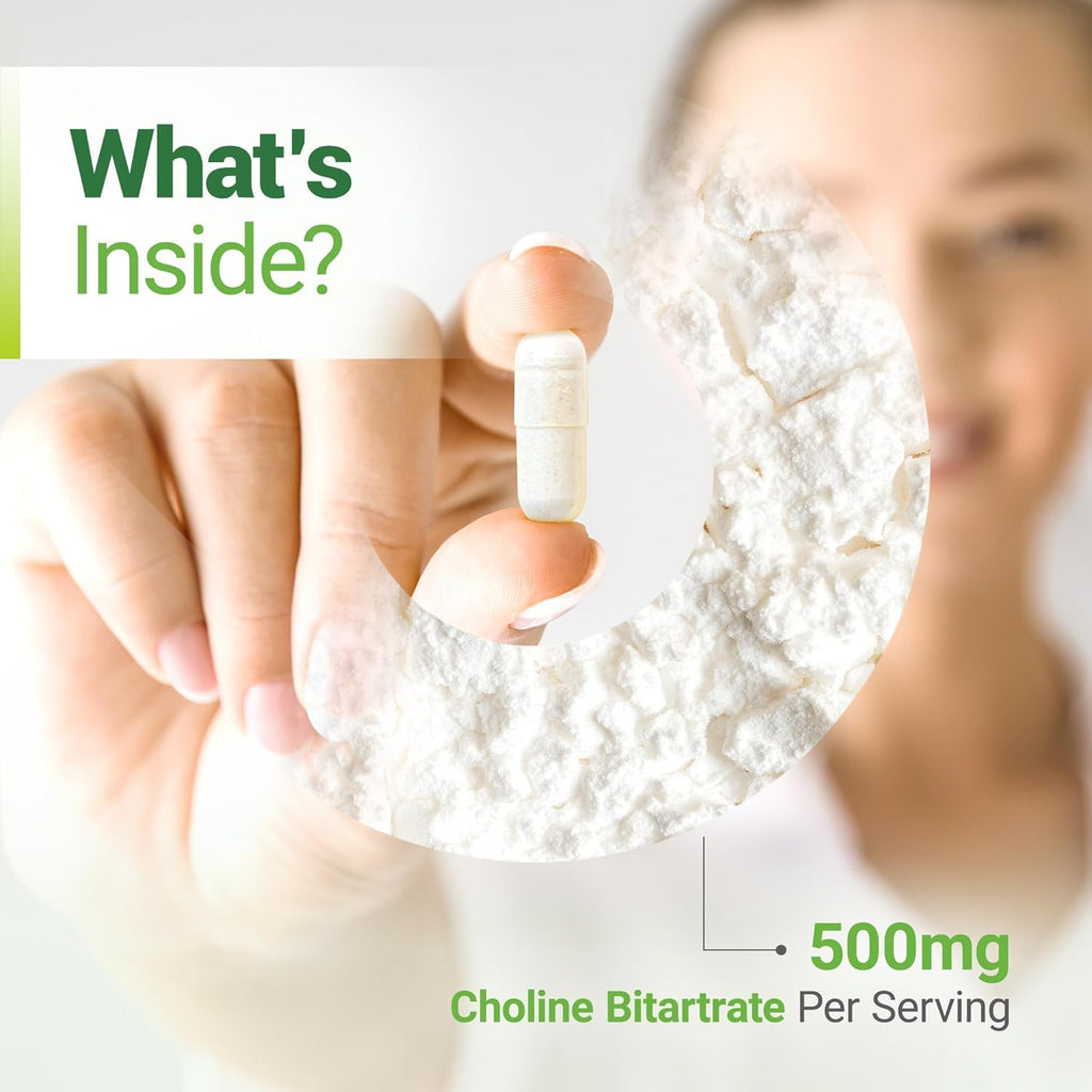 Nested Naturals Choline Bitartrate 500mg - High Potency Choline Supplements - Supports Cognitive Performance & Liver Function - 100% Vegan & Non-GMO Choline - 90 Vegan Capsules