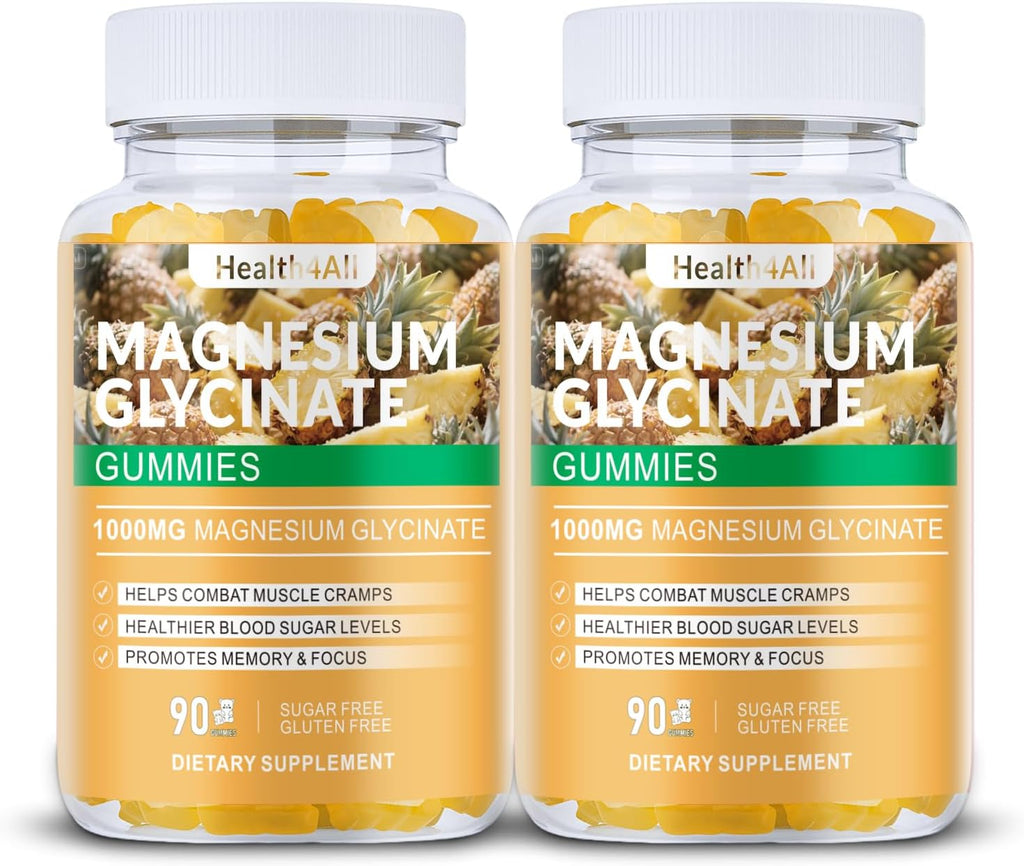 Magnesium Glycinate Gummies 1000mg, High Absorption Sugar Free Magnesium Potassium Supplement for Relaxation, Stress Relief, and Sleep Support for Adults & Kids - 180 Pineapple Gummies