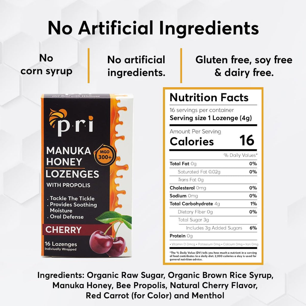 P.R.I Manuka Honey Lozenges with Propolis, Soothing Cough and Throat Drops, MGO 300+ Certified (Cherry, 16 Count/2 Pack)
