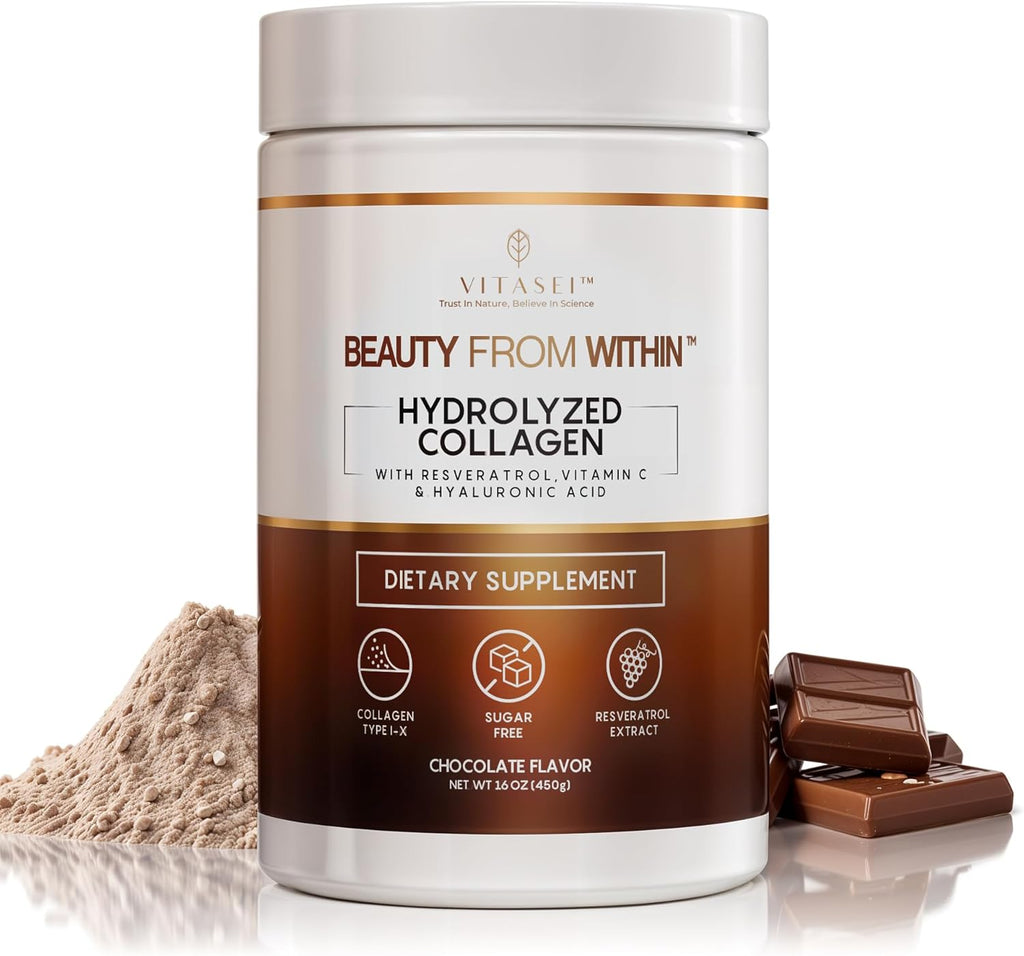 VITASEI Hydrolyzed Collagen Peptides Powder with Resveratrol & Vitamin C – Hair, Skin, Nails & Joint Support – Colágeno Hidrolizado for Women & Men – Delicious Chocolate Flavor, 16 oz (30 Servings)