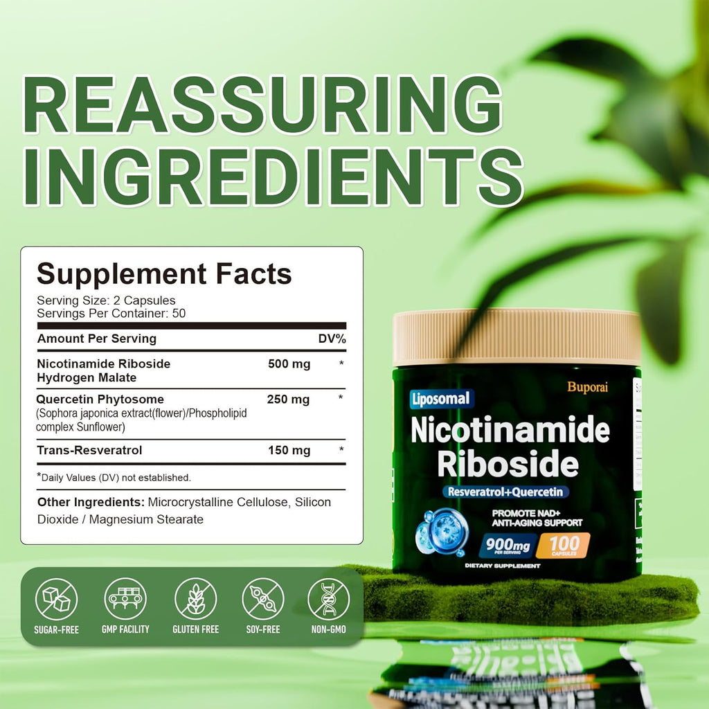 Nicotinamide Riboside 900mg with Resveratrol & Quercetin, NMN Supplement Alternative for Anti-Aging, Energy-100 Capsules