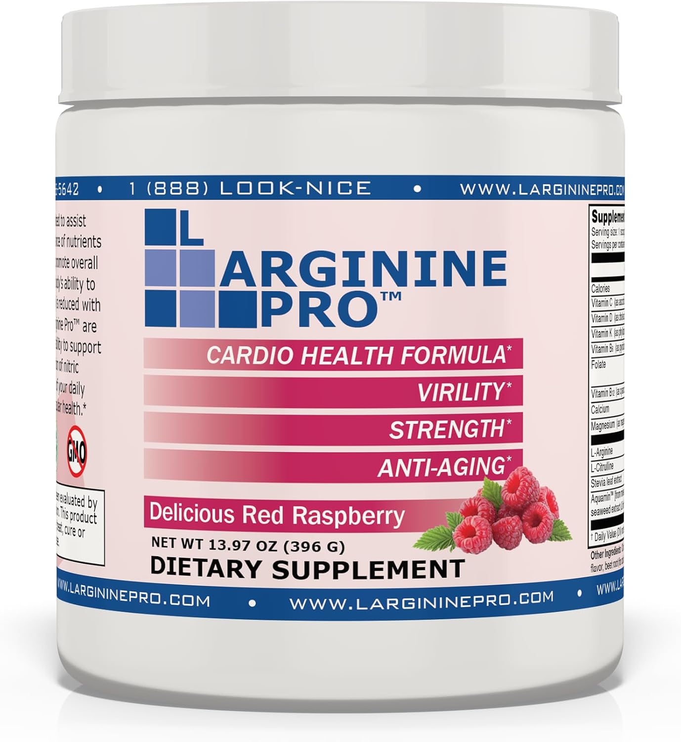 L-ARGININE PRO | 5,500mg L-Arginine Plus L-Citrulline 1,100mg Raspberry Powder Drink Mix Supplement for Increased Nitric Oxide Production