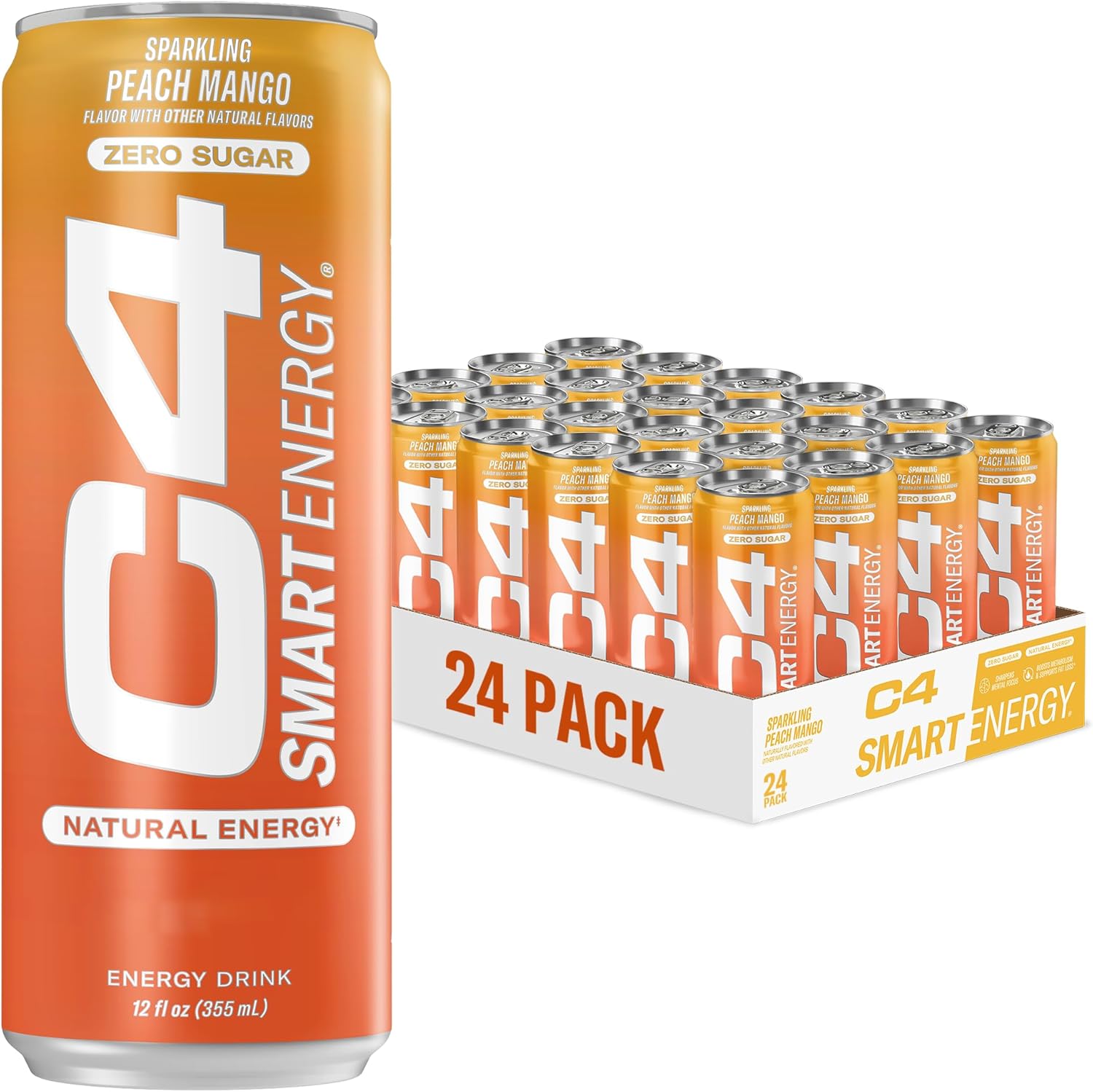 C4 Smart Energy Drink - Sugar Free Performance Fuel & Nootropic Brain Booster, Coffee Substitute or Alternative | Peach Mango Nectar 12 Oz - 24 Pack
