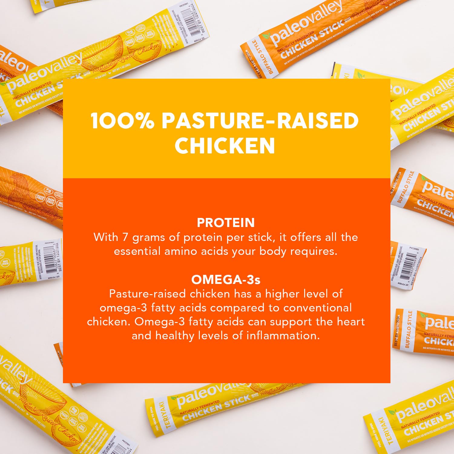 Paleovalley Pasture-Raised Chicken Sticks – 10 Pack – 7g Protein per Stick – Keto-Friendly, Paleo, Gluten-Free, Nitrate-Free – On-the-Go Snack (10 Pack, Buffalo)