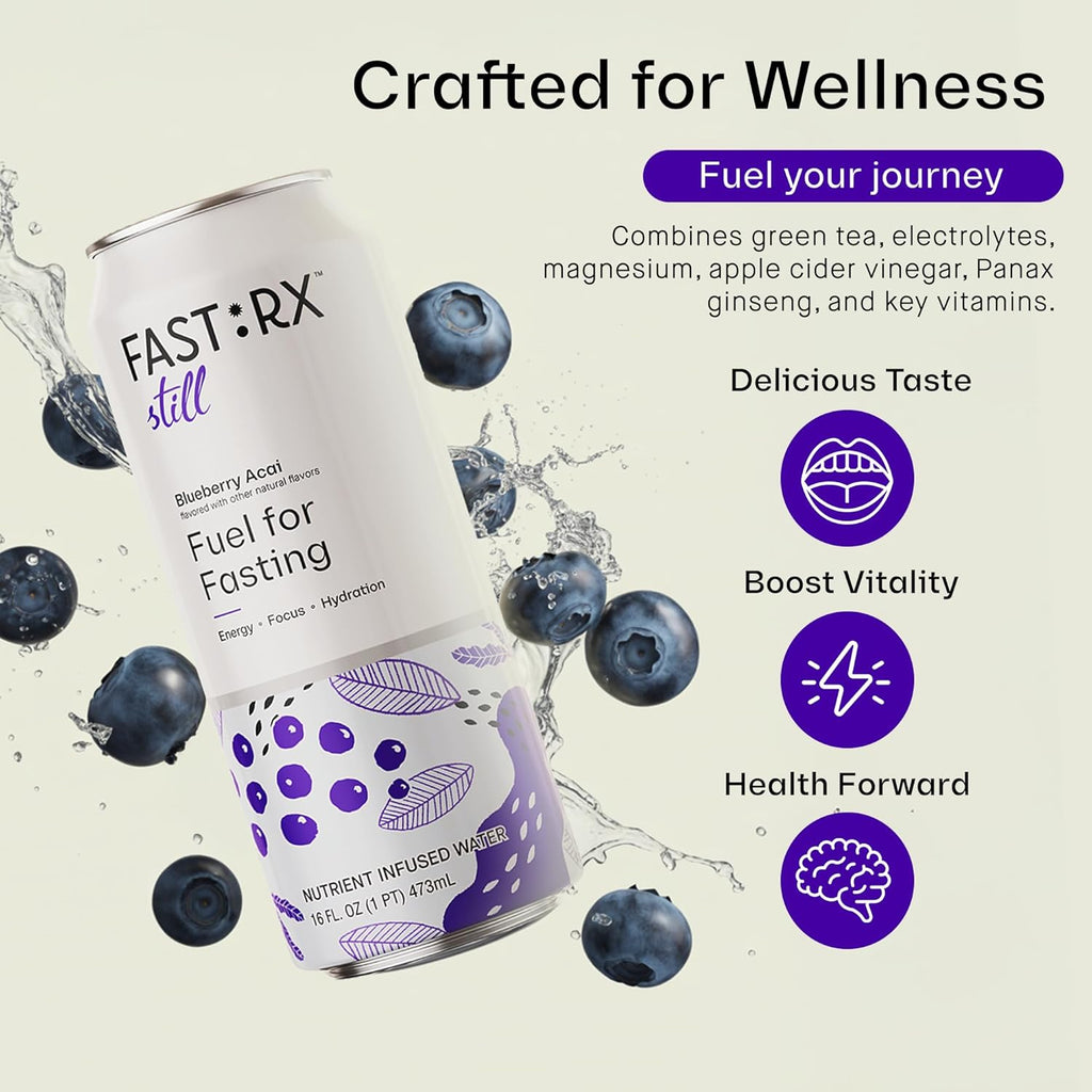 FASTRX Blueberry Acai Still Fasting Electrolyte Drink – Hunger Suppressant, Includes Essential Electrolytes and Vitamins, De-Sugared Blueberry Juice – Zero Sugar, 16 Fl Oz, Pack of 12