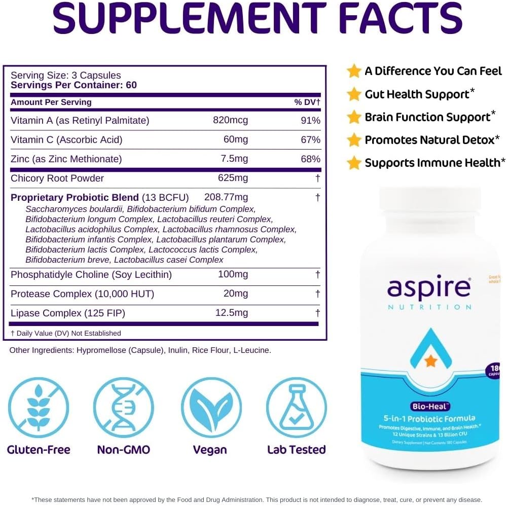 5-in-1 Bio-Heal® Probiotic for Kids, Men & Women - Best Supplement for Brain Function, Gut Health & Constipation - Shelf Stable & Fortified with Vitamin, Mineral & Prebiotics Capsules