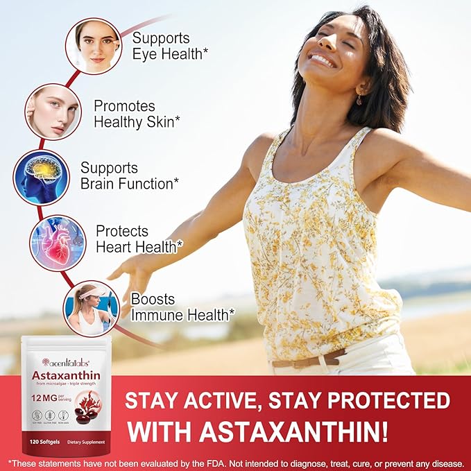 Astaxanthin Supplements 12mg - 120 Softgels | Premium Natural Antioxidant from Microalgae | Eye, Skin, Brain, Joint, Heart & Immune Health Support | Non-GMO, Gluten-Free